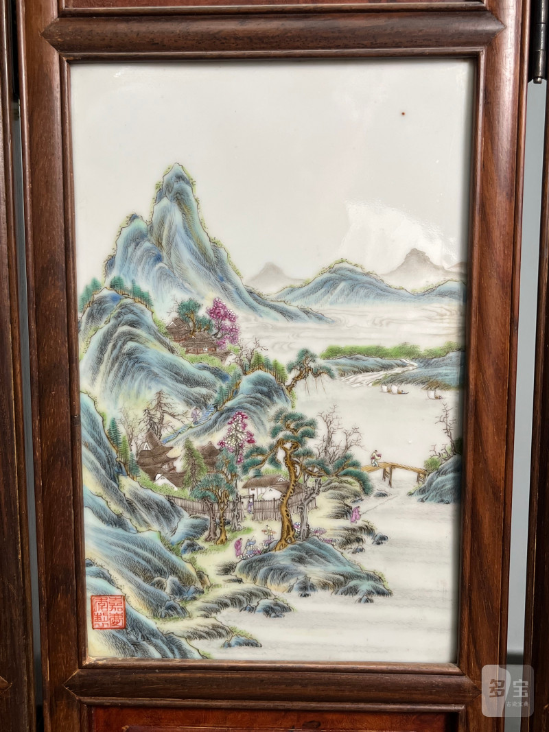 民国  粉彩山水人物图砚屏（一组四件） - 图9